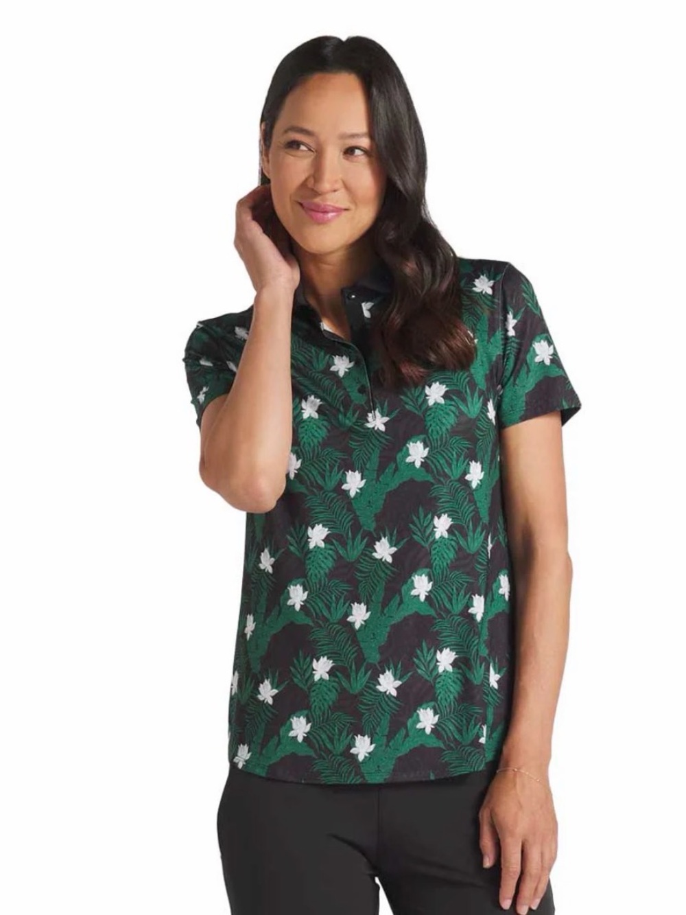 Puma Black Golf Polo Shirt with Green Leaf and White Floral Print